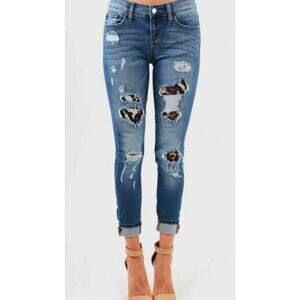 Judy Blue Destroyed Leopard Patch Mid-Rise Skinny Jeans 5/27